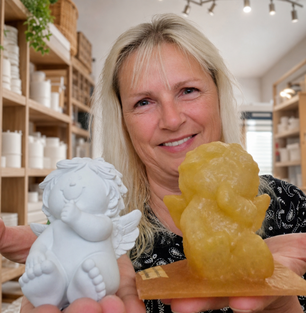 Manuela Burkhardt zeigt eine Engel-Latexform und die fertig gegossene Engelsfigur in ihrem Atelier