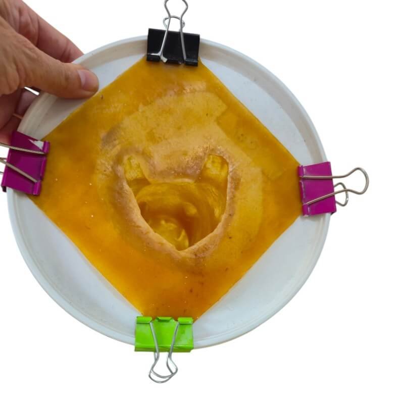 Latexform mit 4 Binder-Clips an allen Ecken des Aufhängerands gesichert – stabil beim Ausgießen mit Raysin oder Beton