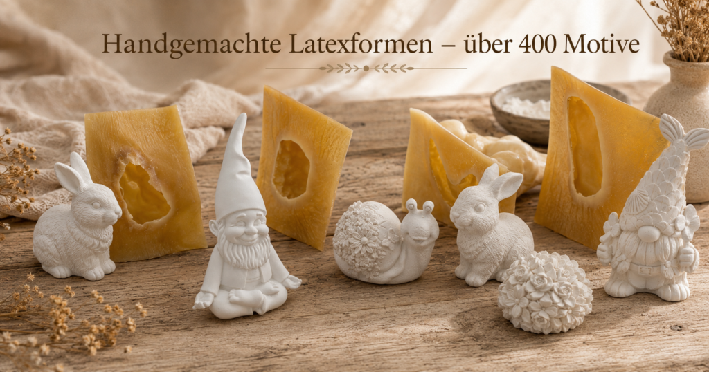 Handgemachte Latexformen mit gegossenen Figuren – Hase, Wichtel, Schnecke und Rosenkugel auf Holzoberfläche